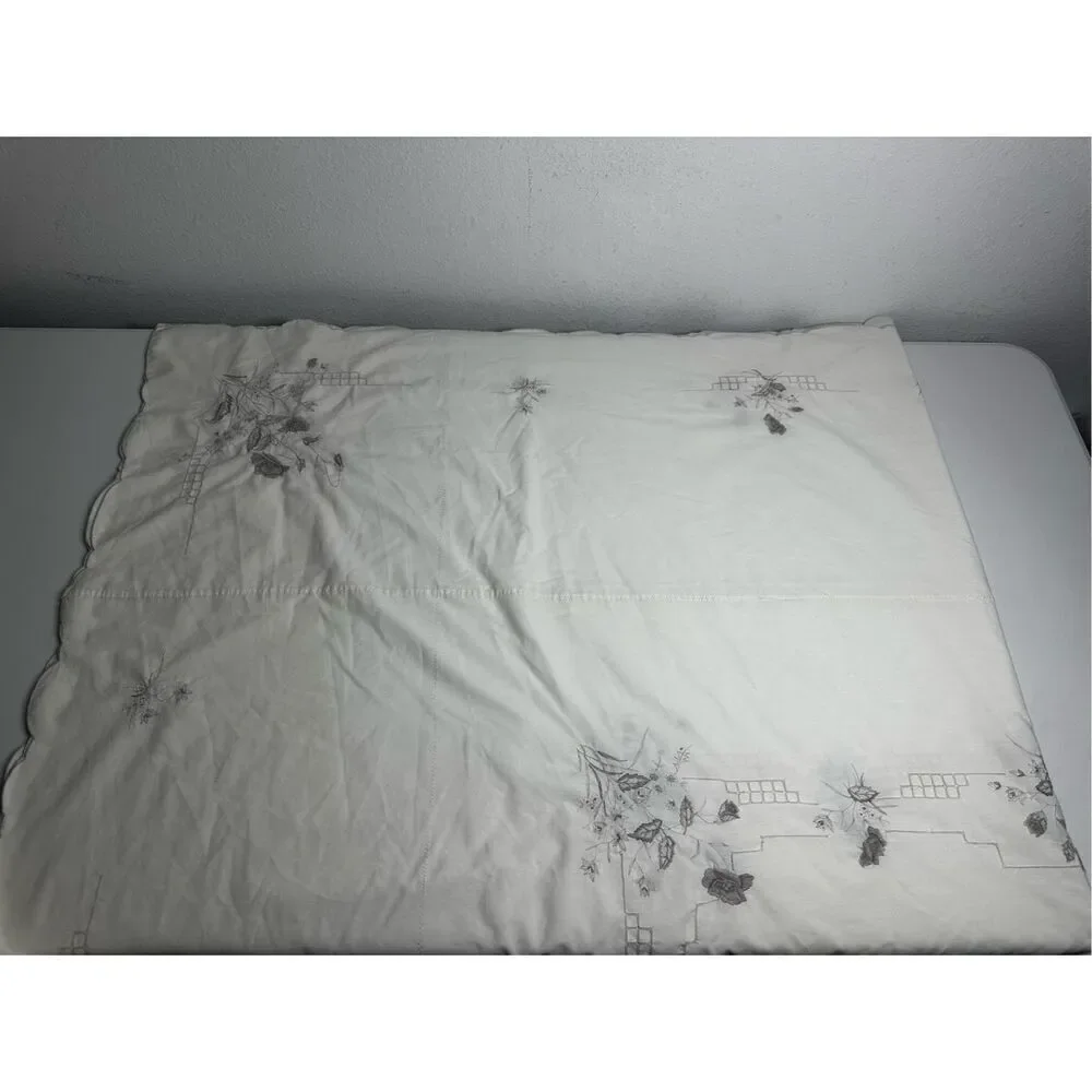 Vintage Embroidered Tablecloth White Gray Size 80” X 68” See Description